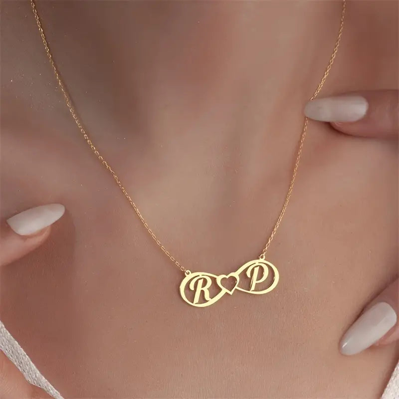 Infinity Heart Double Initial Necklace - White Gold Edition