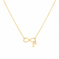 A delicate gold chain necklace featuring an infinity symbol pendant with a small hanging initial 'S' charm and a tiny heart, shown on a plain white background.
