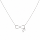 A whitr gold chain necklace featuring an infinity symbol pendant with a small hanging initial 'S' charm and a tiny heart charm, shown on a plain white background.