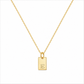 A delicate gold chain necklace with a small rectangular gold pendant engraved with the initials 'JE', shown on a plain white background.