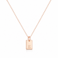 A delicate rose gold chain necklace with a small rectangular pendant engraved with the letter 'E', displayed on a clean white background.