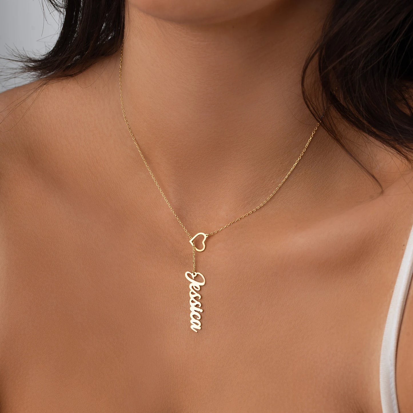 Personalized heart drop necklace available in yellow, white, and rose gold tones