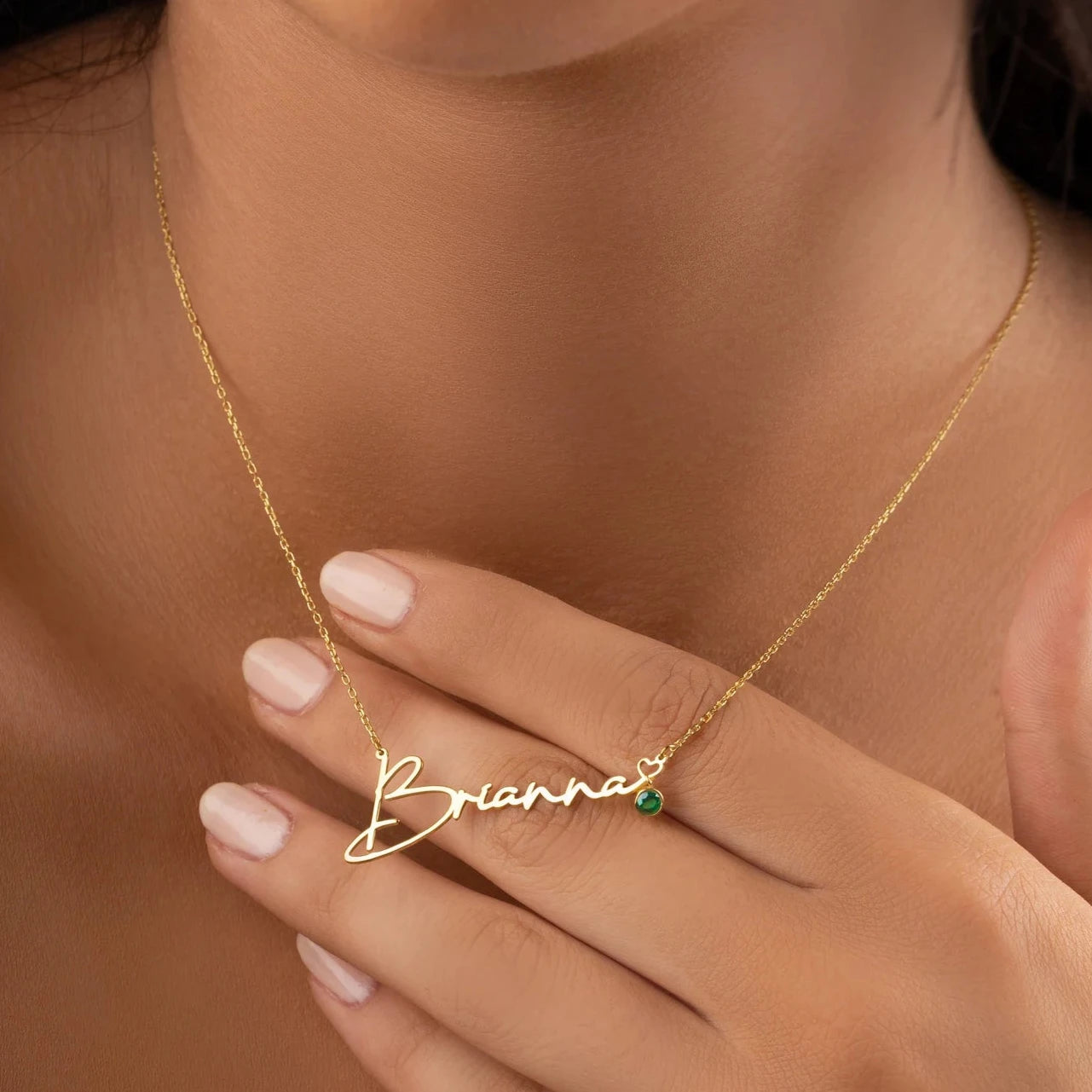 Elegant Name Necklace featuring a Tiny Heart and Birthstone, handcrafted in 18K gold—order yours today for a meaningful gift!