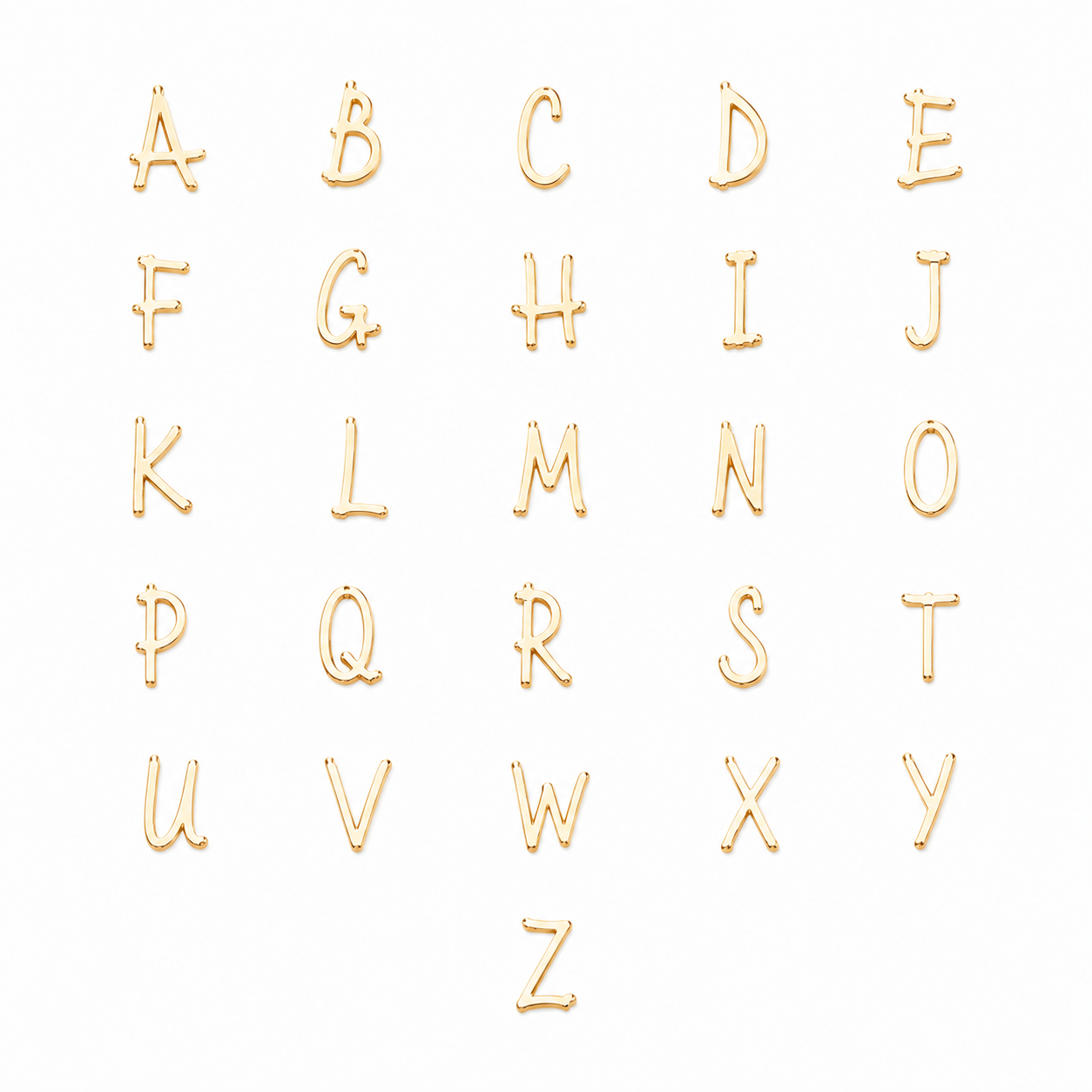 Gold uppercase alphabet letter charms from A to Z, arranged in a grid on a plain white background.