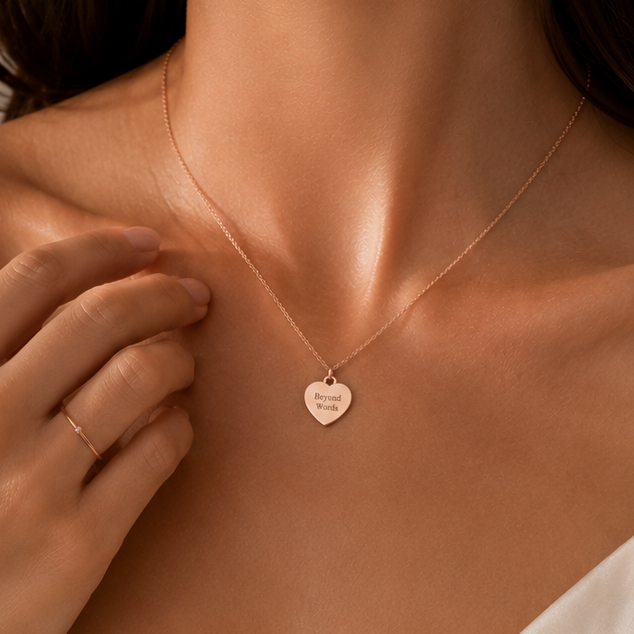 A close-up lifestyle shot of a model wearing a delicate rose gold heart pendant necklace and a matching rose gold bracelet, styled with a white satin camisole.