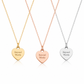 Three heart-shaped pendant necklaces on delicate chains, shown in yellow gold, rose gold, and silver finishes. Each heart pendant is engraved with the words 'Beyond Words' on a clean white background.