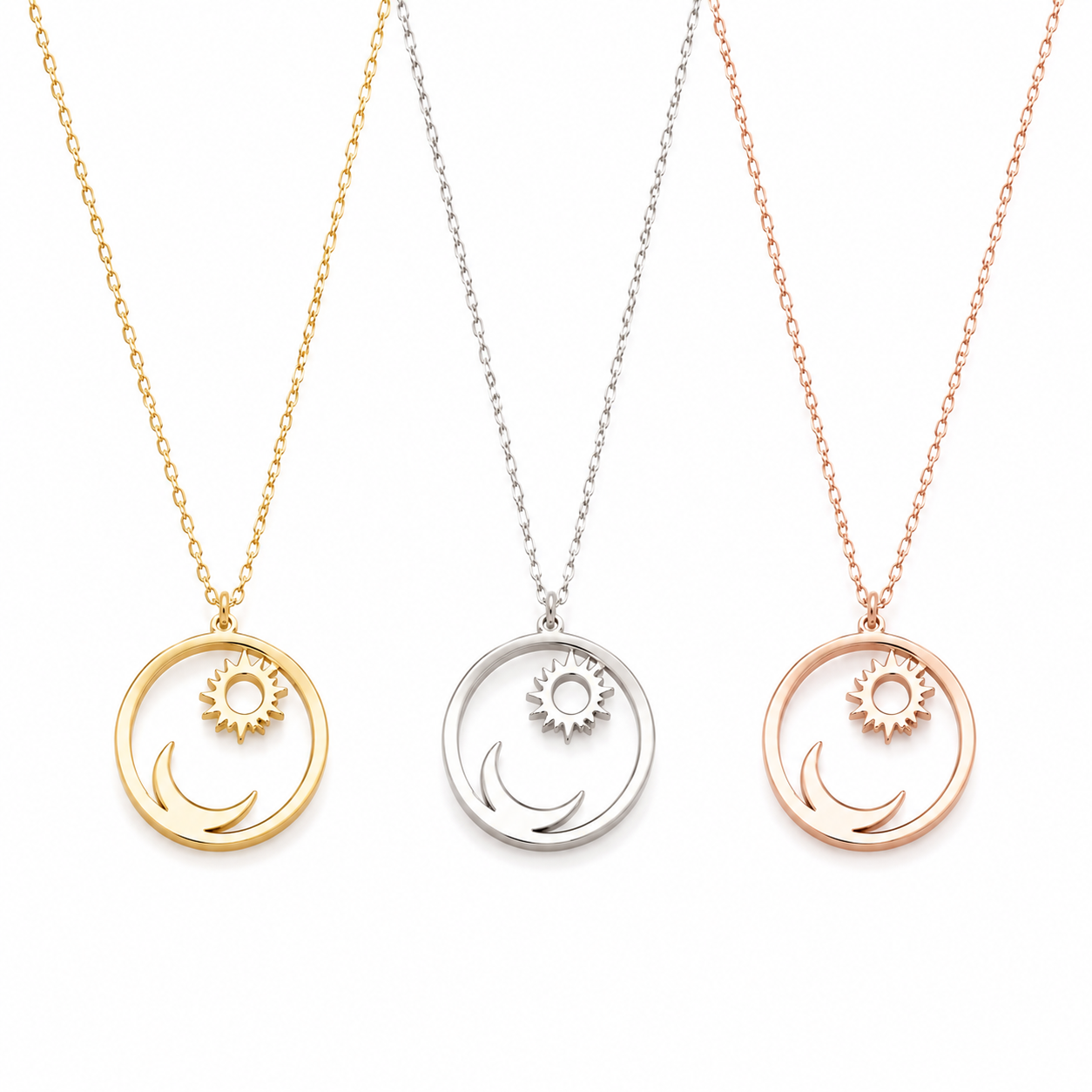 Sun and Moon Necklace available in solid 18K yellow gold, white gold and rose gold on a white background.