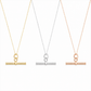 Three t-bar necklaces on delicate chains, shown side by side in yellow gold, silver, and rose gold tones against a clean white background.