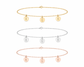 Three delicate initial necklaces with round engraved disc charms are shown on a plain white background. The top necklace is gold-tone with letters A, C, and K.