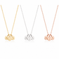 Three personalized initial necklaces with round engraved disc charms spelling 'MJS' and 'MJS S', shown in yellow gold, silver, and rose gold on a white background.