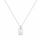 A white gold initial pendant necklace featuring a rectangular tag charm engraved with the letter 'E', suspended from a delicate cable chain on a white background.