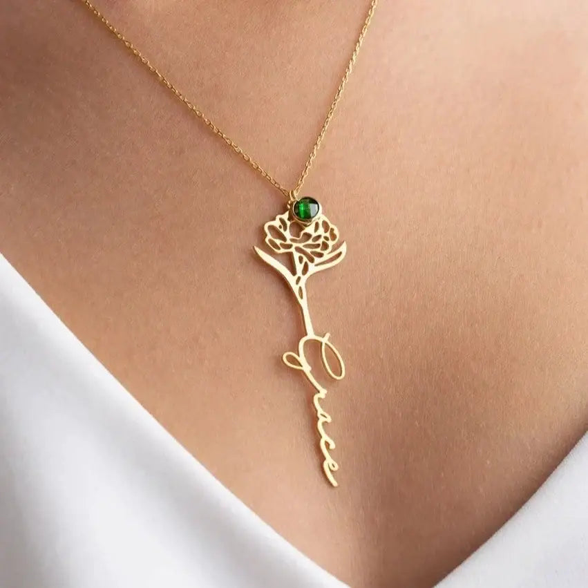 Gold Name Birth Flower With Birthstone Necklace Designed and handcrafted in the UAE.