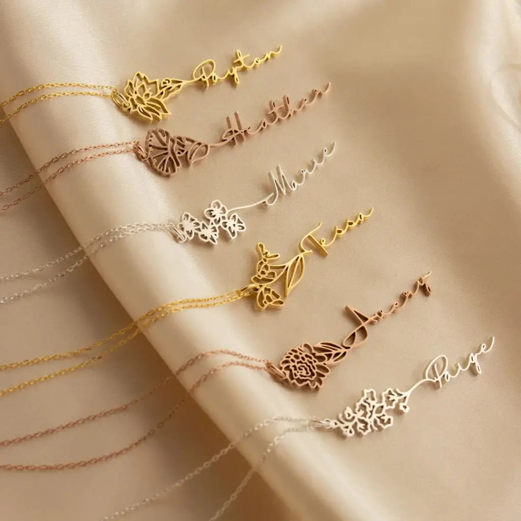 Gold Birth Flower Name Necklace made in real gold. Designed and handcrafted in the UAE. This gold birth flower name pendant is locally handcrafted with the highest quality materials and artisans available in Dubai.