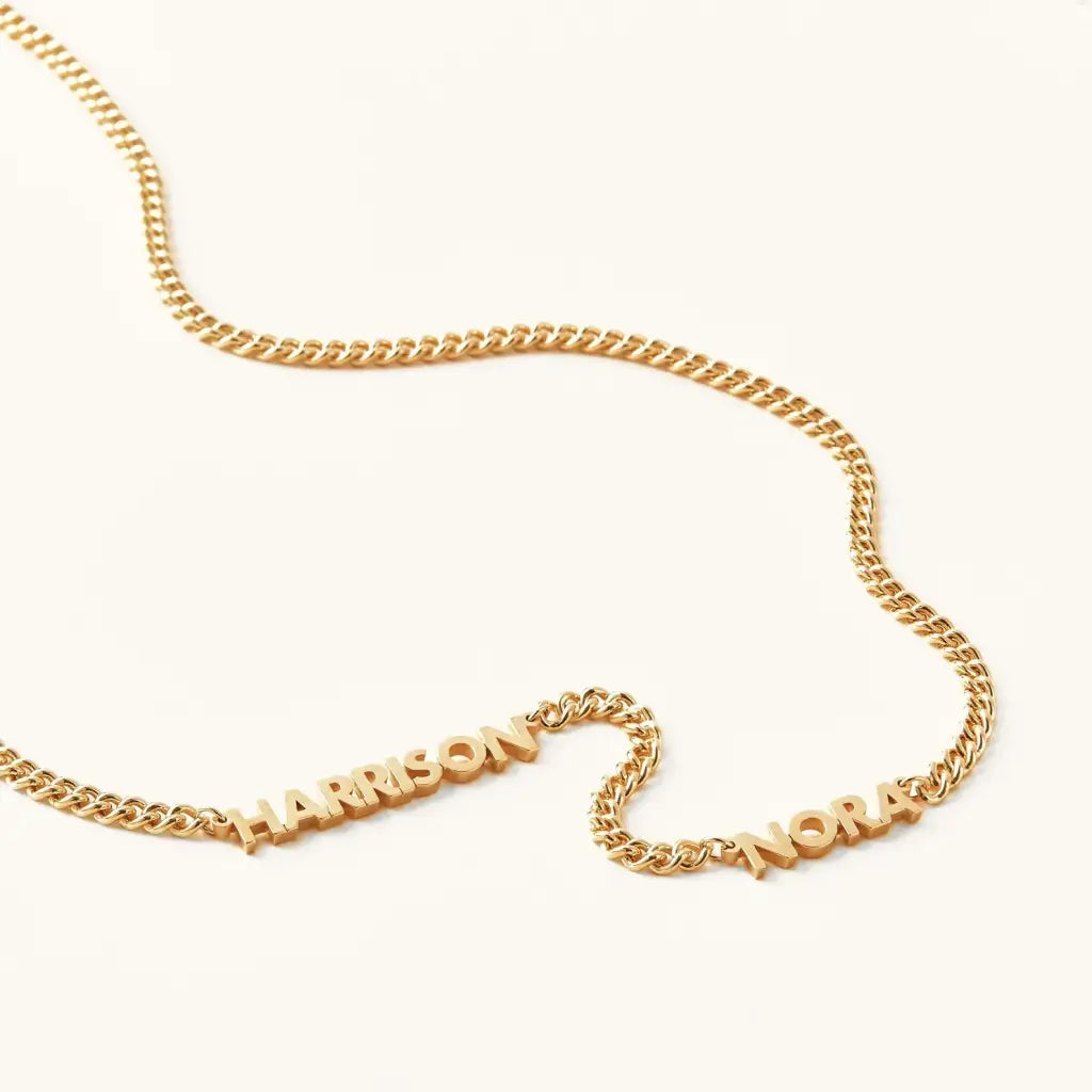 Luxury gold double name necklace made of genuine 18k solid gold and personalized with the names/words of your choice. A thoughtful luxury anniversary gift for your boyfriend or husband, and the perfect expensive birthday gift for a father or a brother.