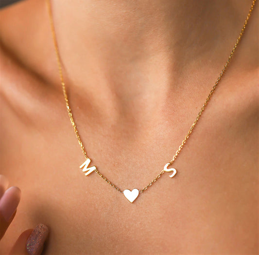 Gold Heart Letter Initial Necklace - Personalized Jewelry