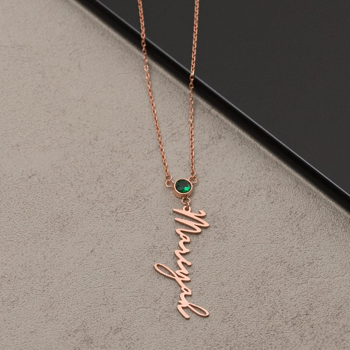 Handcrafted Arabic vertical name necklace with a beautiful birthstone accent