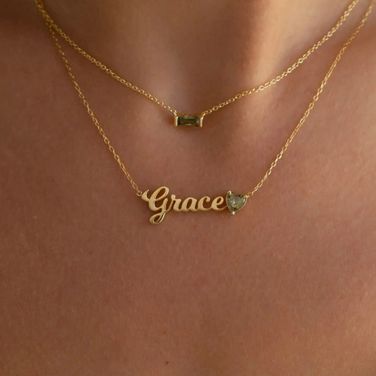 Gold Heart Birthstone Name Necklace - UAE Craftsmanship