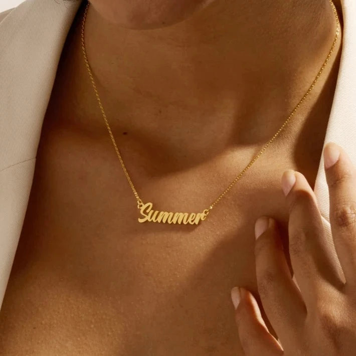 Gold Personalized Name Necklace Designed and handcrafted in the UAE. This classic gold name necklace is locally handcrafted with the highest quality materials and artisans available in Dubai. Perfect gift for a best friend, lover and family.