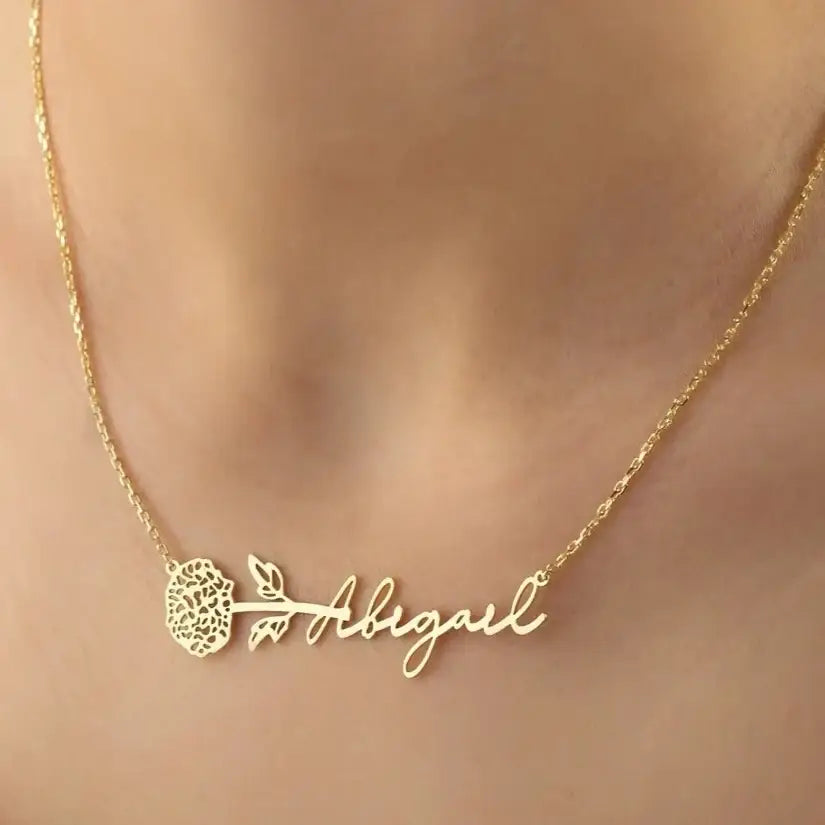 Gold Horizontal Birth Flower Necklace Designed and handcrafted in the UAE.