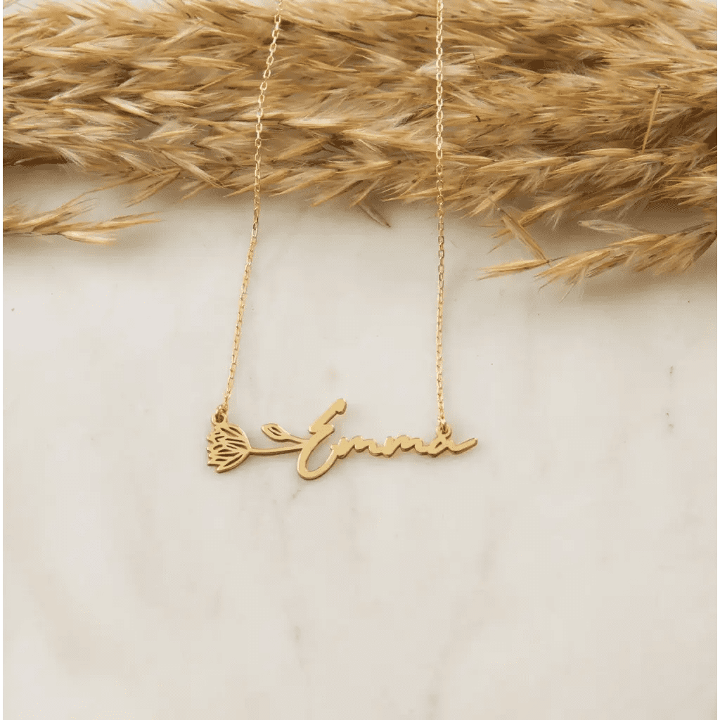Gold Horizontal Birth Flower Necklace  Designed and handcrafted in the UAE.