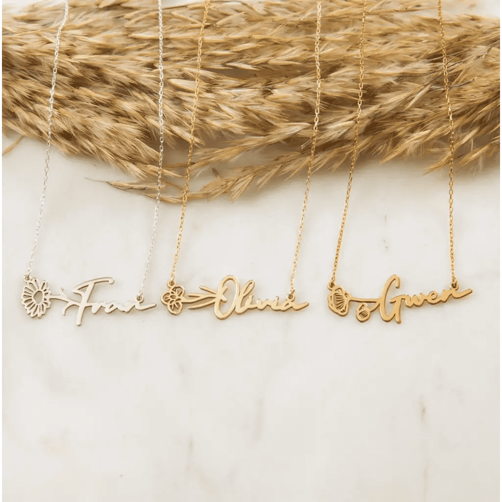 Gold Horizontal Birth Flower Necklace  Designed and handcrafted in the UAE.