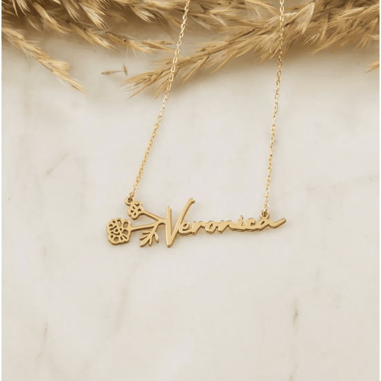 Gold Horizontal Birth Flower Necklace  Designed and handcrafted in the UAE.