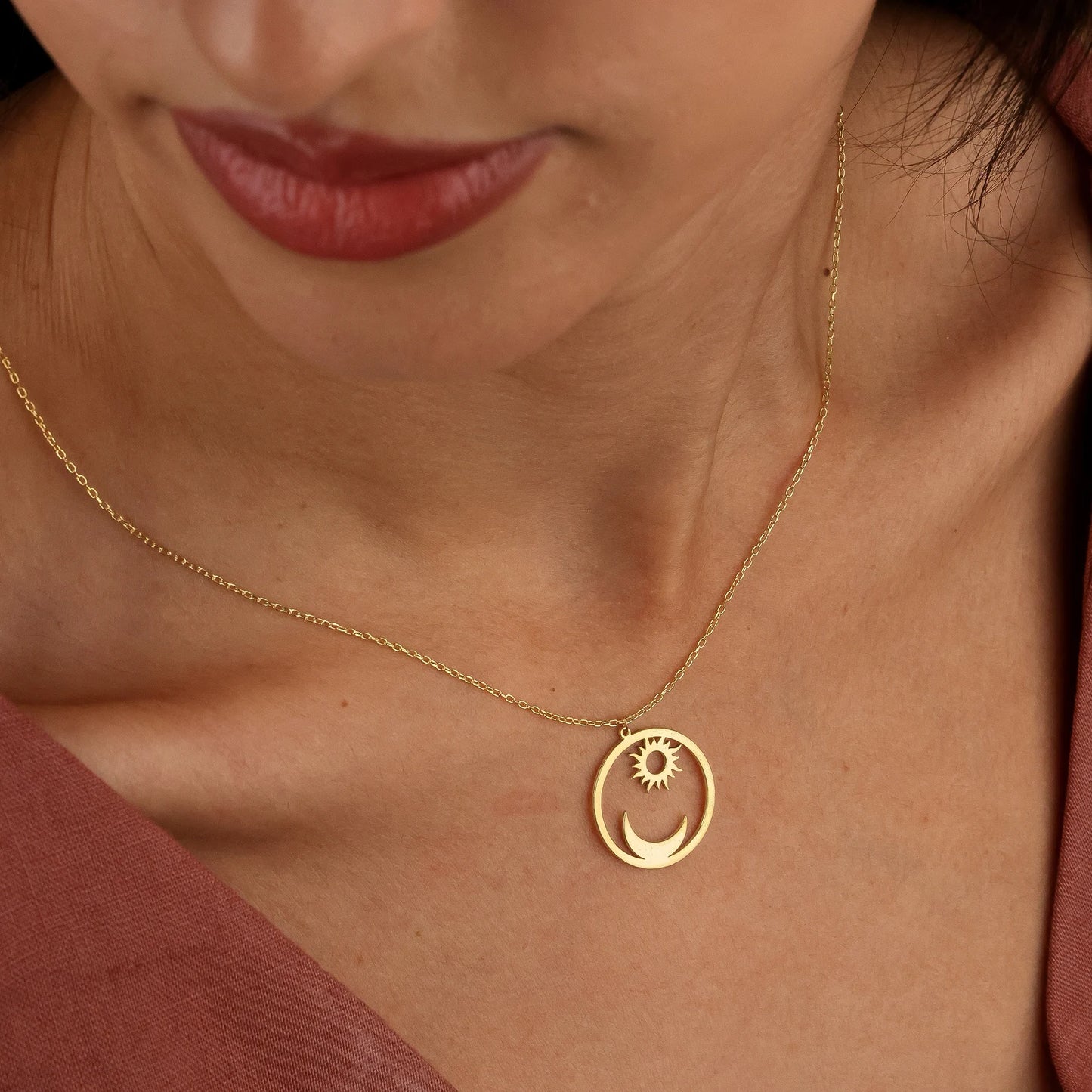 Radiant Harmony: Explore our 18 Carat Gold Sun and Moon Necklace Collection