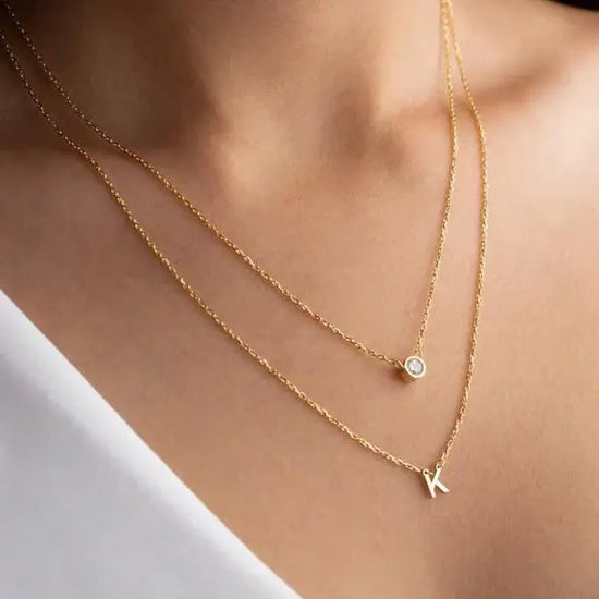 Gold Double Strand Initial Birthstone Necklace - made in real gold. Designed in the United Arab Emirates.