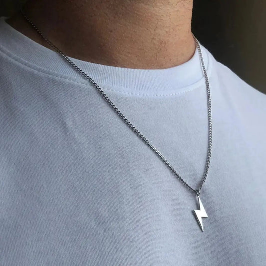 Luxury Gold Lightning Bolt Name Necklace for him made of genuine 18k solid gold. A thoughtful luxury anniversary gift for your boyfriend or husband, and the perfect expensive birthday gift for a father or a brother.