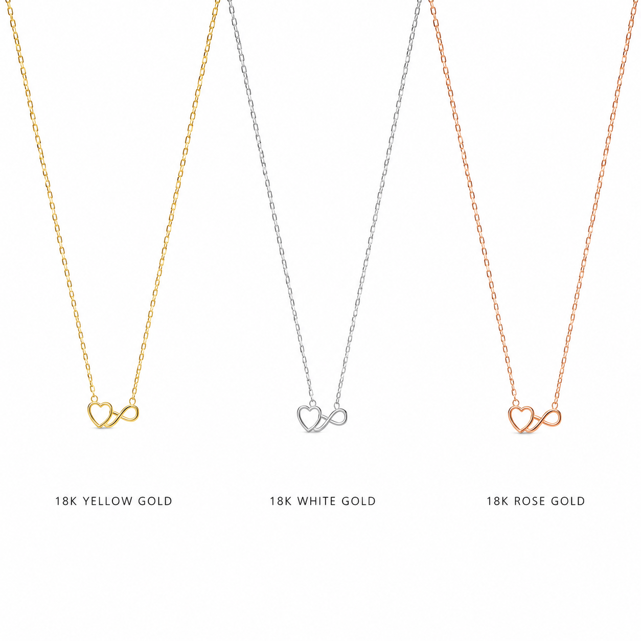 Three necklace pendants on chains against a white background, labeled 18K Yellow Gold, 18K White Gold, and 18K Rose Gold. Each pendant features a small open heart and infinity symbol design in a different metal finish.
