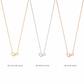 Three necklace pendants on chains against a white background, labeled 18K Yellow Gold, 18K White Gold, and 18K Rose Gold. Each pendant features a small open heart and infinity symbol design in a different metal finish.