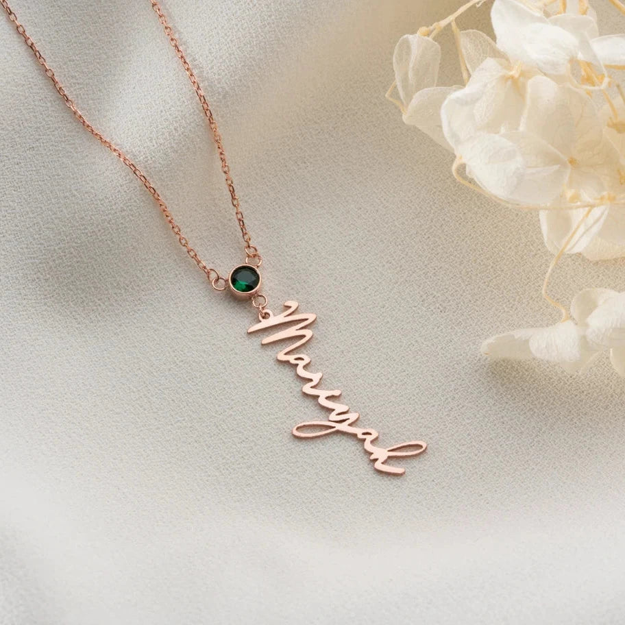 Elegant vertical name necklace with birthstone, perfect for special occasions