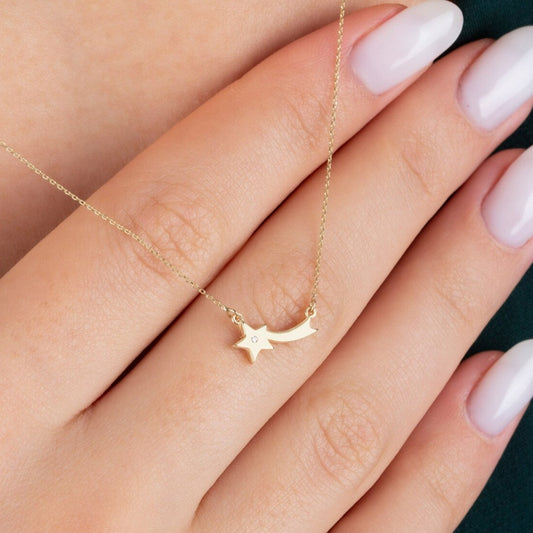 18 Carat Gold Shooting Star Necklace - Personalized brilliance and celestial allure, symbolizing starlit connections in the heart of the UAE.