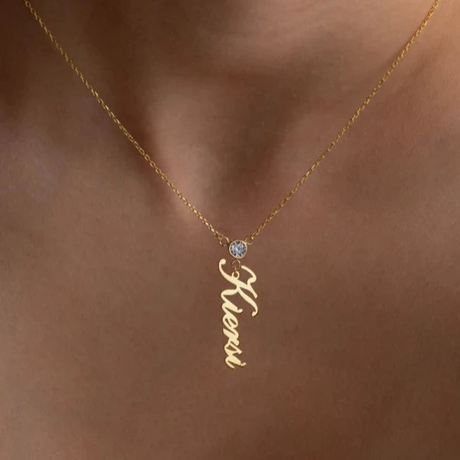 Gold Vertical Name Necklace with Birthstone, personalized and handcrafted in UAE