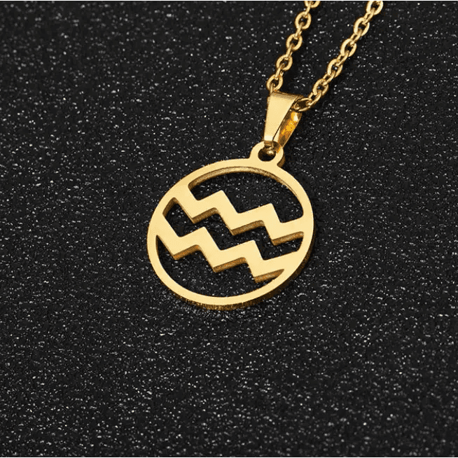 Aquarius 18K gold zodiac horoscope necklace for men. A thoughtful luxury anniversary gift for your boyfriend or husband, and the perfect expensive birthday gift for a father or a brother.