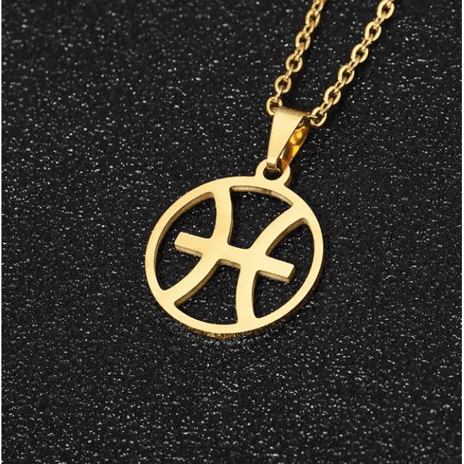 Pisces 18K gold zodiac horoscope necklace for men. A thoughtful luxury anniversary gift for your boyfriend or husband, and the perfect expensive birthday gift for a father or a brother.